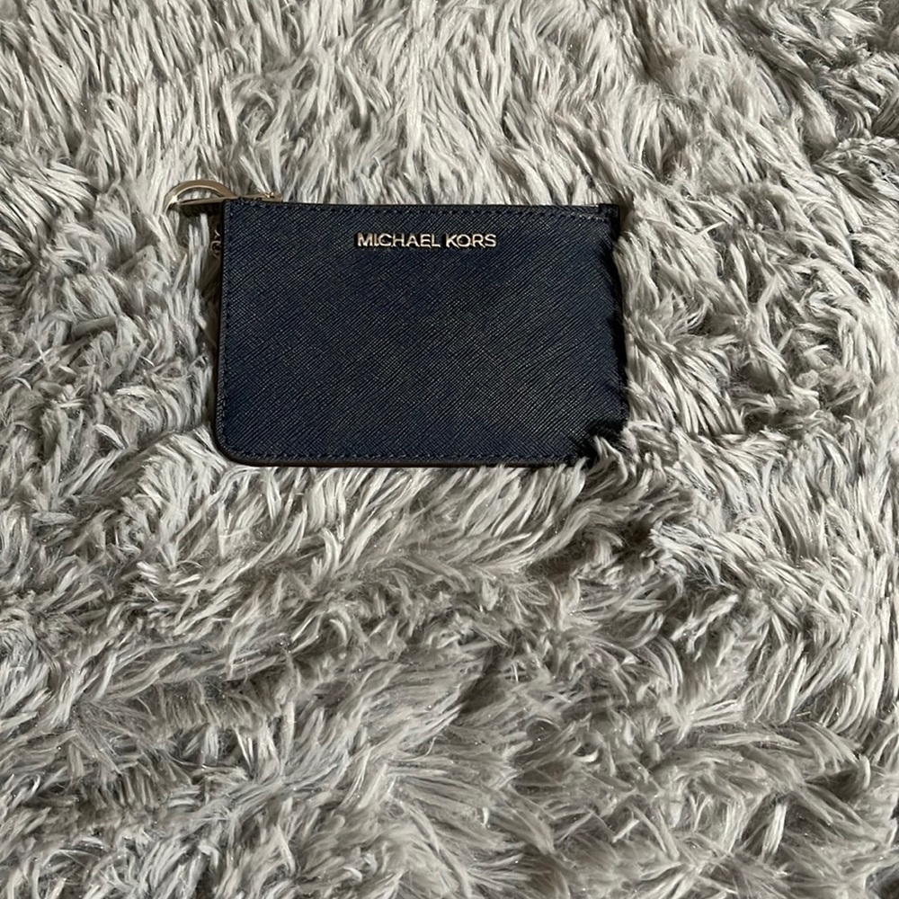 Michael Kors Navy Blue Key Ring Top Zip Coin Pouch ID Card Holder MK.